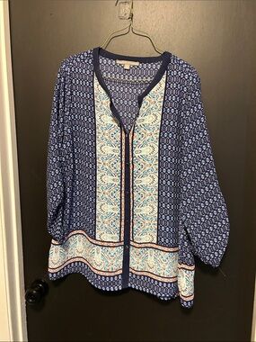 Valerie Stevens Navy Blue Paisley Button-Front Tunic